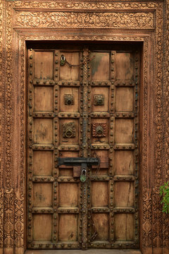 Vintage Carved Wood And Brass Exterior Door Baja, Mexio