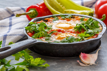 Shakshuka in a cast iron pan.