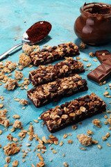 Granola bar. Healthy sweet dessert snack. Cereal granola bar with nuts and chocolate.
