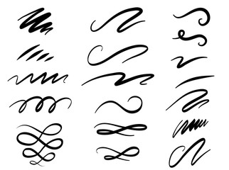 Set of hand drawn lettering and calligraphy swirls, squiggles. Vector ink decorations for composition
