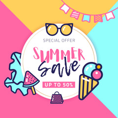 Summer sale circle vector banner with place for text and line art bright icons. Bright watermelon and ice