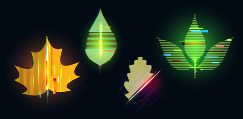 Futuristic digital vector 3d hologram leaf on black background. Modern illustration in tv glitch distorted style.