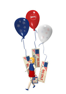 3d Mädchen mit Einkaufstasche und großen Luftballons mit Sale-Etiketten. 3d render