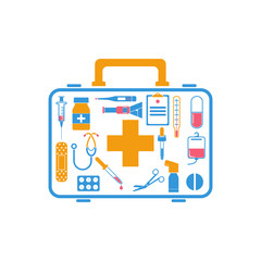 First aid kit box concept medical equipment and medications. Logo healthcare. Illustration