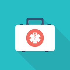 First aid kit box concept medical equipment and medications.Healthcare. Illustration flat design.Emergencytemplatebanner.