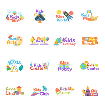 Kids logo vector set. Logo collection of kids club, land, playground, zone, hobby, arts. Colorful promo signs and creative idea for children's playing space. Vector icons and symbols set of child logo