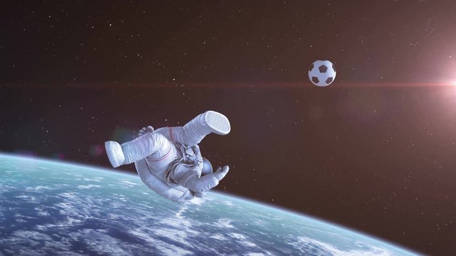 Bicycle Kick in Space, Astronaut Shoots on Goal. Beautiful Abstract 3d animation. 4K