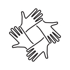 Connected linear hands icon isolated on white background. Symbol of unification. Vector illustration, flat design. Template for text, slogans, quotes. Team of people. People together, united.