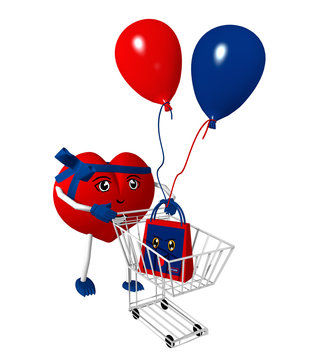 3d Character in Herzform mit Einkaufswagen, Luftballons und Einkaufstüte mit lustigem Gesicht. 3d render