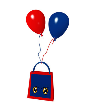 Einkaufstasche mit frechen Augen und roten und blauen Luftballons. 3d render