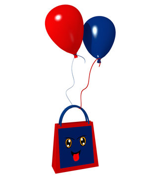 Einkaufstasche mit lustigem Gesicht und roten und blauen Luftballons. 3d render