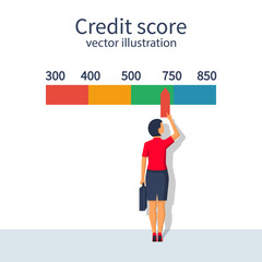 Credit score, gauge. Woman changing personal credit information. Report form document. Vector illustration flat design.Isolatedonwhitebackground. Graphsheet