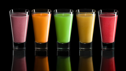 Set of five antioxidant fruit cocktails, healthy smoothies