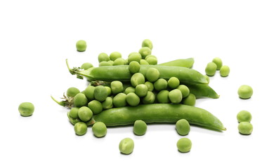 Fresh green peas with pods isolated on white background
