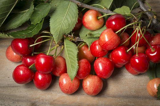 cherries on an old wooden table