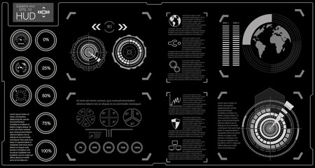 Infographic and chart elements for futuristic design. Space subjects. Black and white background. Vector file.