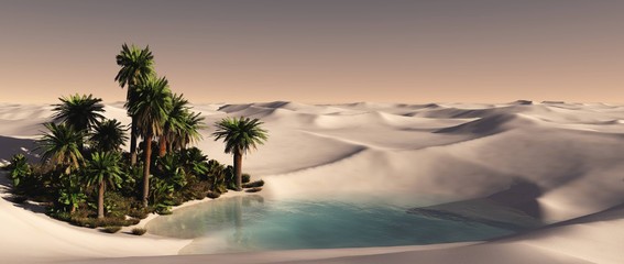 oasis in the desert, palm trees in the sands, a pond in the sand,
3D rendering
