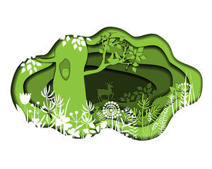 Paper art with forest. Vector plants and deer