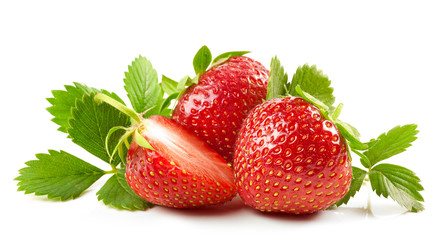 fresh red strawberries with green leaves