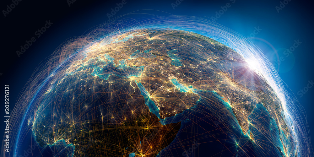 Wall mural planet earth with detailed relief is covered with a complex luminous network of air routes based on 