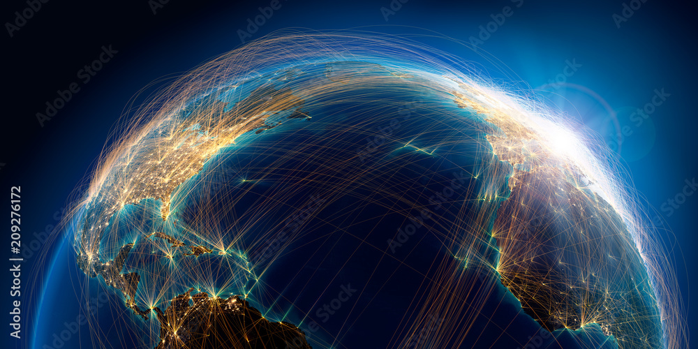 Wall mural planet earth with detailed relief is covered with a complex luminous network of air routes based on 