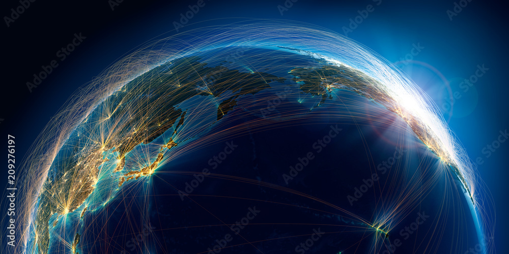 Wall mural planet earth with detailed relief is covered with a complex luminous network of air routes based on 