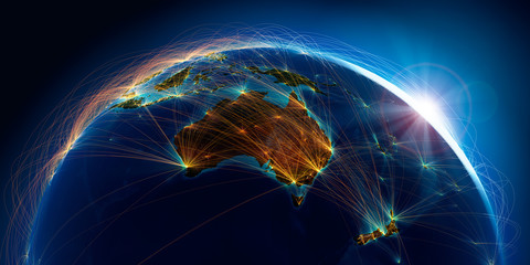 Planet Earth with detailed relief is covered with a complex luminous network of air routes based on real data. Australia and New Zealand. 3D rendering. Elements of this image furnished by NASA - obrazy, fototapety, plakaty