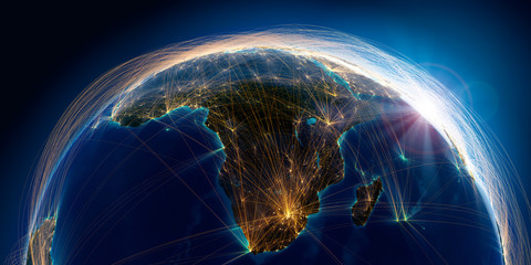 Fototapeta Planet Earth with detailed relief is covered with a complex luminous network of air routes based on real data. South Africa and Madagascar. 3D rendering. Elements of this image furnished by NASA obraz