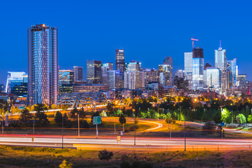 beautiful denver skyscraper at night,denver,colorado,usa.