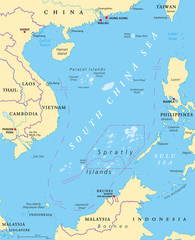 South China Sea Islands, political map. Islands, atolls, cays, shoals, reefs and sandbars. Partially claimed by China and other neighboring states. Paracel and Spratly Islands. Illustration. Vector.