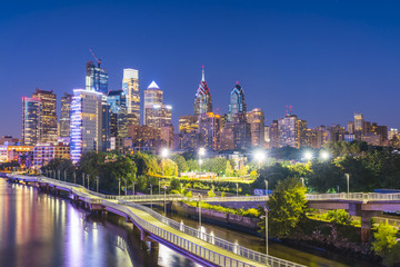 philadelphia,pennsylvania,PA,usa. 8-23-17:philadelphia skyline at night with reflection in river.