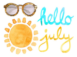 Watercolor illustration of summer symbols like yellow sun, sunglasses and handwritten calligraphic July lettering © mimibubu