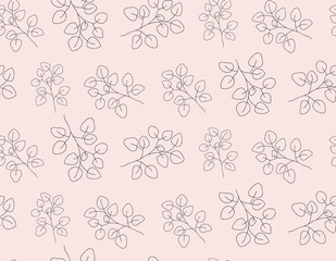 Hand drawn contour eucalyptus leaves, minimalist seamless pattern. Modern simple background for design package, flyer, invitation, card, banner, wedding, placard, poster, layout, birthday
