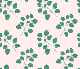 Hand drawn eucalyptus leaves, minimalist seamless pattern. Modern simple background for design package, flyer, invitation, card, banner, wedding, placard, poster, layout, birthday