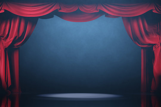 Theater curtains and stage with volume light and smoke. 