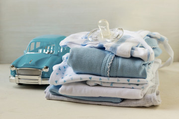 Baby clothes for newborn. In blue colors. Tone blue.