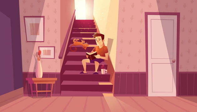 Vector cozy concept with man reading book, relaxing cat in interior with staircase and white door in house. Home inside with light from window and cartoon character on steps.