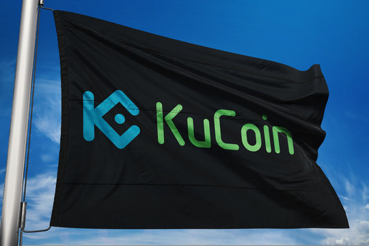Kucoin cryptocurrency icon on realistic flag 3d render.