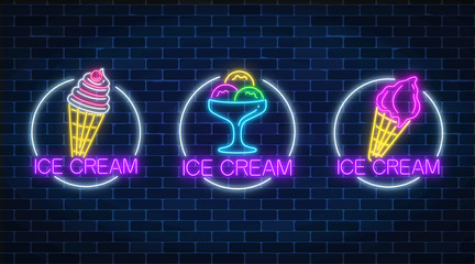 Set of three neon glowing signs of different kinds of ice cream in circle frames. Ice-cream light billboard symbol.