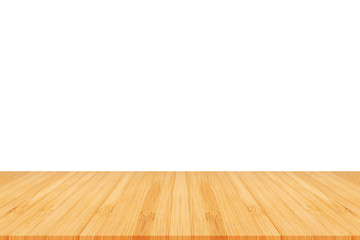 Perspective empty brown wooden table with white background including clipping path for product display montage or design layout.