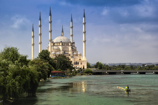 Adana Sabanci Central Mosque, Seyhan River and Clouds - Adana, Turkey 
