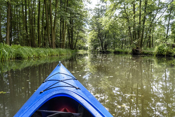 Fahrt mit dem Paddelboot auf einem Kanal im Spreewald in Brandenburg