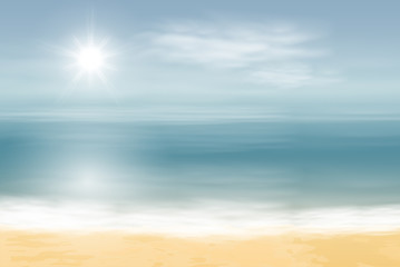 Beach and tropical sea with bright sun. Pastel colors. Travel concept. EPS10 vector.