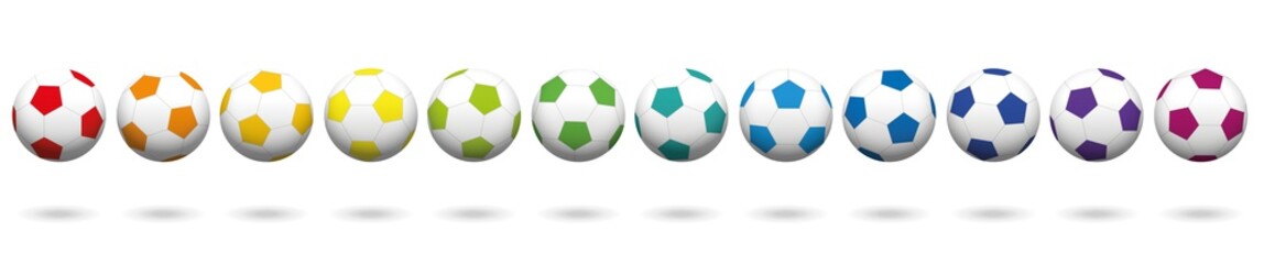 Soccer balls. Lined up with different colors. Rainbow colored three-dimensional isolated vector illustration on white background.