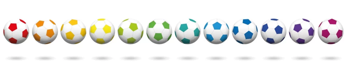 Papier peint photo autocollant rond Sports de balle Soccer balls. Lined up with different colors. Rainbow colored three-dimensional isolated vector illustration on white background.