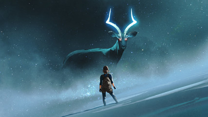 young woman and impala looking at each other, the legendary animal with light horns in the snow, digital art style, illustration painting