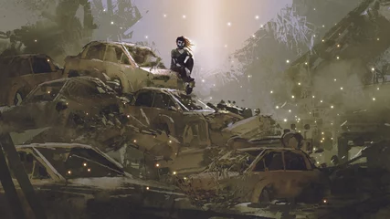 Fototapeten post-apocalyptic scene showing the woman with a mask sitting on pile of wrecked cars, digital art style, illustration painting © grandfailure