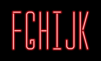 Bright red neon letters on a black background. Letters F, G, H, I, J, K for night club or night show design.
