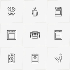 Kitchen Application line icon set with yoghurt maker, pocket knife and stove