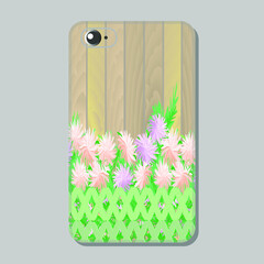 Protective case for mobile phone. Chrysanthemum flowers on a wooden background. Vector illustration in pastel colors, romantic style.